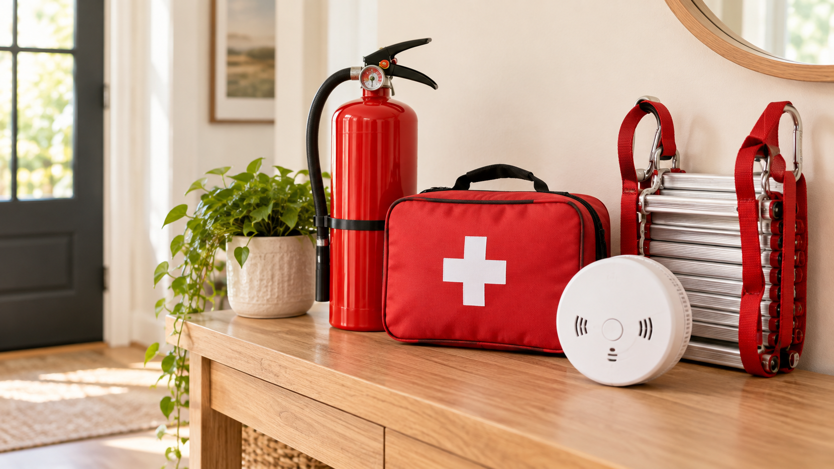Fire extinguisher, first aid kit, smoke alarm and emergency escape ladder arranged in a home entryway